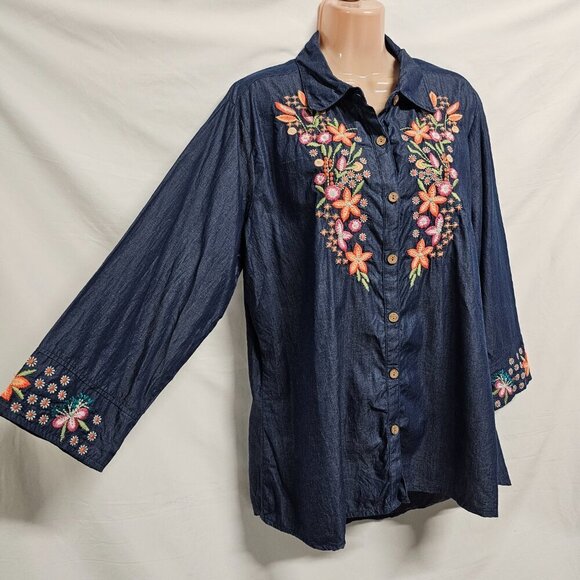 Parsley & Sage Women Embroidered Top Blouse Shirt Size `1X Blue Button Up Collar - Picture 9 of 14